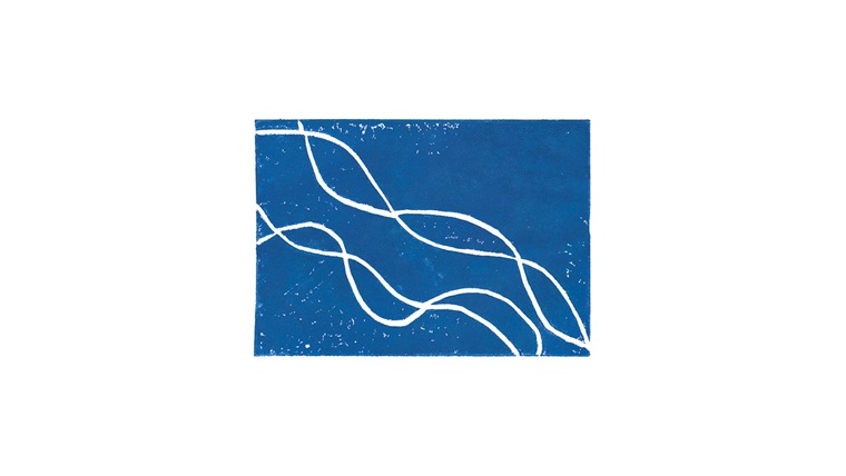 Rectangle blue print with white swirl pattern cutting diagonally through the print