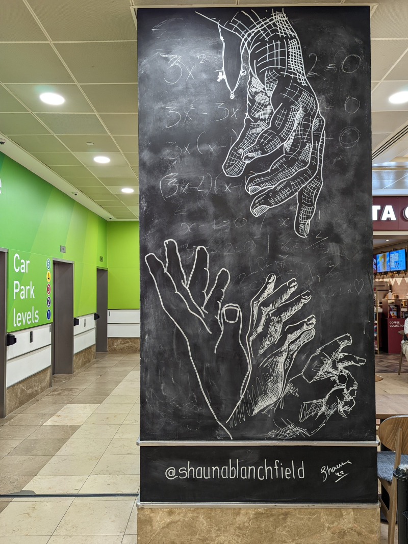 Chalk mural on pillar of shopping centre depicting hands reaching each other