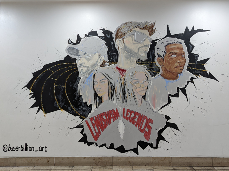 Mural depicting five profiles people, three males and two women. Beneath their profiles it says 'Lewisham Legends'