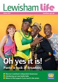 Cover of Lewisham Life winter issue with the cast of the pantomine 