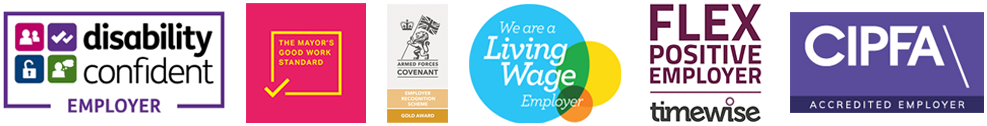 Disability confident employer logo, The Mayors good standard logo, Armed forced covenant emplyer recognition scheme gold award logo, Living wage employer logo, Flex positive employer time wise logo, CIPFA Accredited employer logo. 