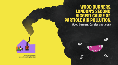 Image from the London Wood Burning Project showing Burny the smoke monster alongside the text: wood burners. It's scary what they're doing to public health