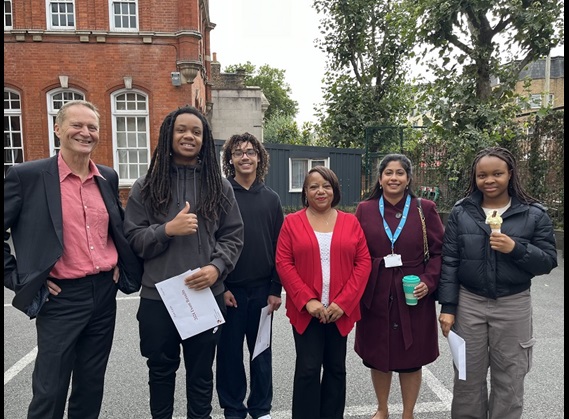 Mayor of Lewisham, Brenda Dacres, and Chris Barnham, Cabinet Member for Children and Young People, with students at Addey and Stanhope School 