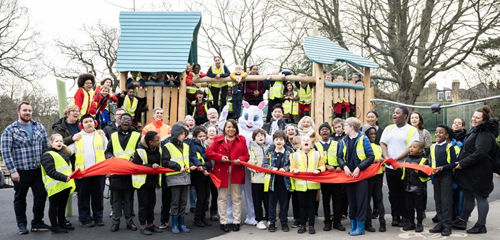 Mayor Brenda and Cllr Walsh at opening of Mayow Park playground with school children 