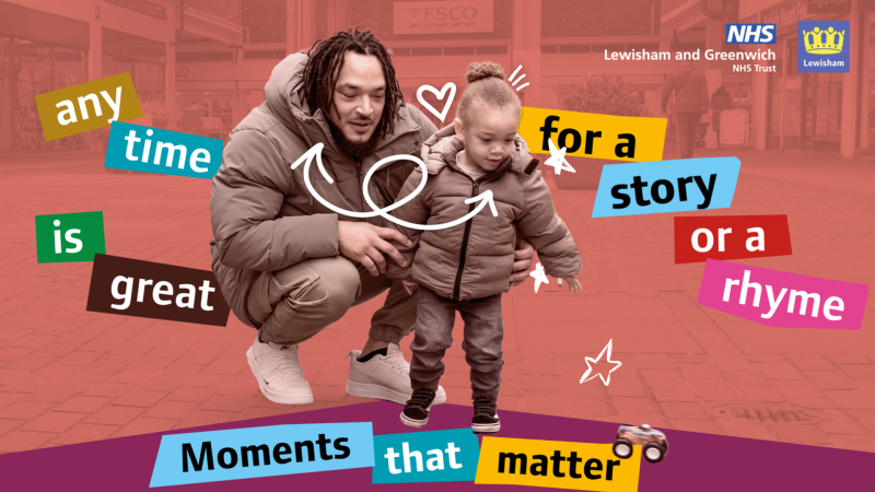 A photograph of a dad with a young boy, aged around two to three years old. The dad is crouching down and looking off-camera in the same direction as the boy. They look happy and interested in what they’re discussing. Catford Shopping Centre is in the background. The text on the image says: Any time is great for a story or a rhyme. Moments that Matter. 