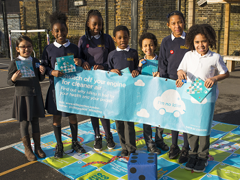 Photo of children taking part in an anti-idling awareness day at Holbeach Primary School