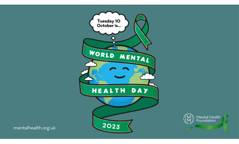 Illustrated image of the Earth wrapped in a green ribbon. Text on the ribbon says: Tuesday 10 October 2023 is World Mental Health Day