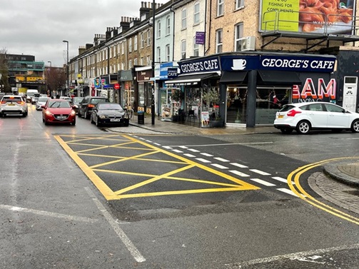 image showing Brockley Road with Harefield Road yellow box junction