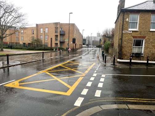 image showing Brookmill Road with Friendly Street yellow box junction