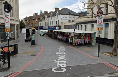 Image with signage indicating the restrictions for Catford Broadway Pedestrian Zone: