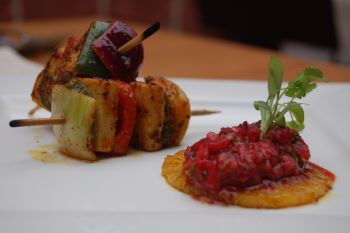Vegetable and paneer skewers with tomato chutney