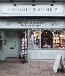 Kirkdle bookshop from the pavement it has a mint green facade