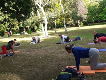 A group of people doing yoga on yoga mats in a park at a social distance