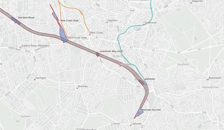 The map shows the Bakerloo Line Extension safeguarded zone which follows a route which runs from Lambeth North to Elephant and Castle station, along the Old Kent Road through the locations of the two new stations on the Old Kent Road which are proposed to be called Burgess Park and Old Kent Road station, on to New Cross Gate Station and also covering the Hatcham Works site to the left of the station, on to Lewisham Station ending at Wearside Service depot. 