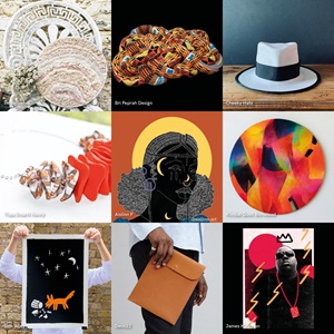 Multiple images of different art prints, handmade jewellery and sculptures