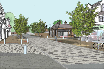 Illustrated plan of open space with cycle racks and traffic control