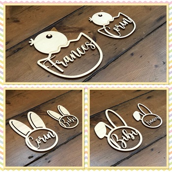 six wooden name plaques in three designs (chick, bunny and bunny with flopped ear)/