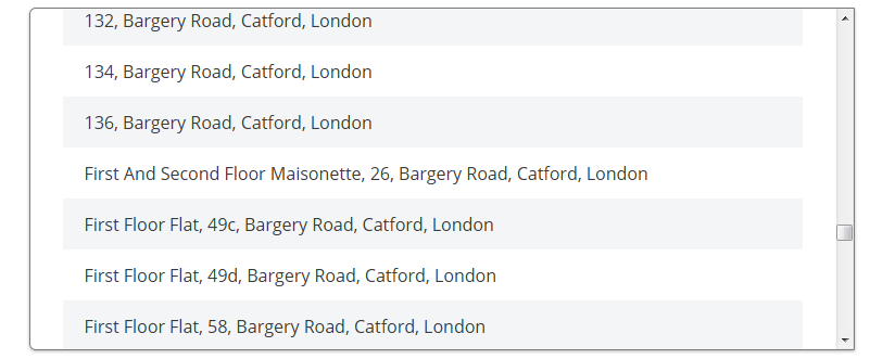 Address finder screenshot showing Flat addresses at the end of House addresses