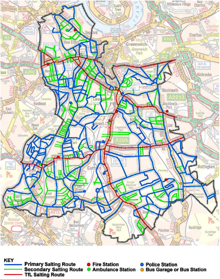Map showing gritting locations in the borough of Lewisham