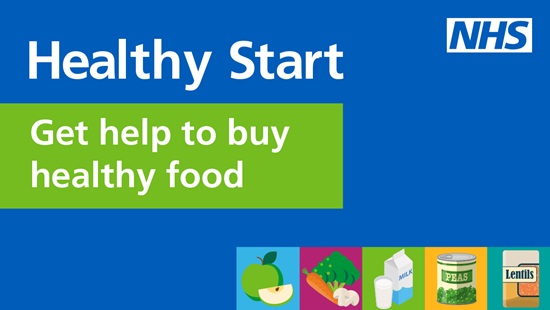An image of the NHS Healthy Start Scheme logo. It reads: Get help to buy healthy food and contains images of basic foods such as fruit and vegetables.