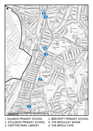 Map of locations of art works throughout Brockley