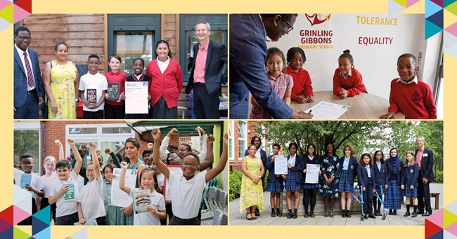 Collage of school children holding the pledge 