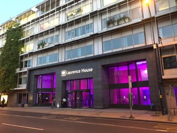 Laurence House in Lewisham lit in purple in rememberance of George Floyd