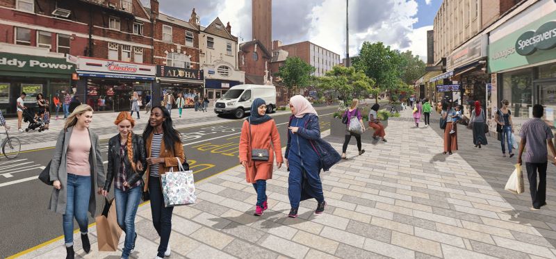 CGI of a diverse group of people on Lewisham High street which has more trees and wider pavements