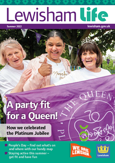 Cover of Lewisham Life Summer 2022 showing two mayoresses and a friend smiling and celebrating at a street party 