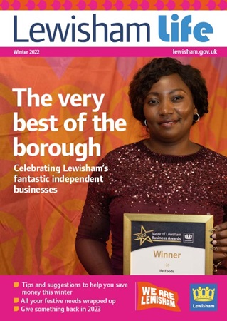 Lewisham Life Winter 2022 cover image showing a Lewisham business owner holding their award