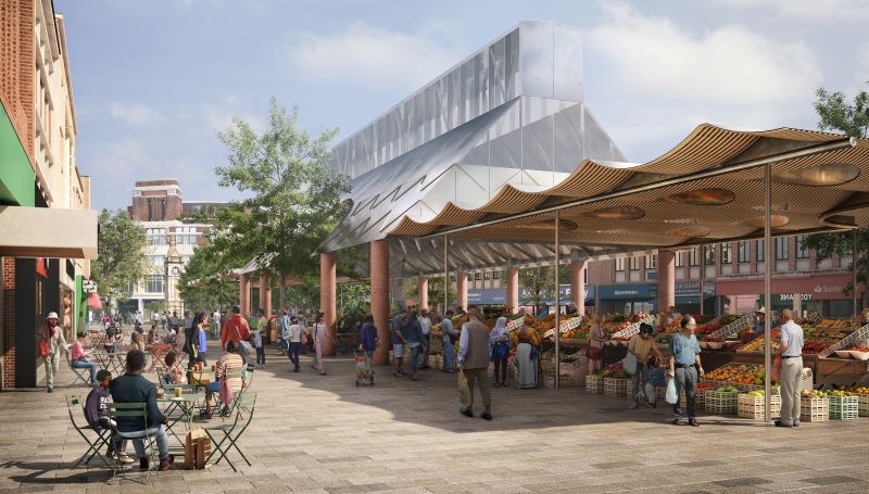 Artist's impression of Lewisham Market, with permanent market house and canopy