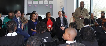 Mayor Egan, Cllr Brenda Dacres and Cllr Chris Barnham listening to a member of Lewisham Education Group talk to young leaders at Lewisham Young Leaders Academy