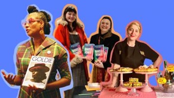 Cut out images of four women against a sky blue background. On the left a Black wearing a green gingham dress and red glasses is holding a magazine, its title is Goldie. There are two white women in the middle with shoulder length brown hair holding the same book, title is Wander Women. There's a white woman on the right, wearing a black chef top. She's standing behind a table with a number of cake stands, bearing lots of cakes 