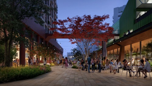 CGi of Lewisham Highstreet. People are dining by a red leafed tree.