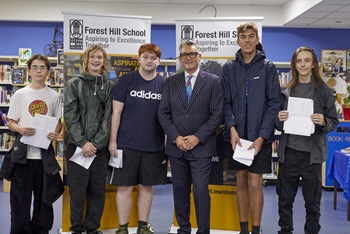 Forest Hill students with Headteacher Michael Sullivan. Students (L-R) Frasier Naya Stevenson, Louis Dunn, Sam McEnroe-Wright, Adam Perry, Isaac Langthorne