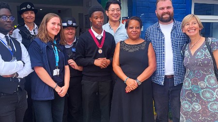 Brenda Dacres, Mayor of Lewisham, Shane Grant, Young Mayor of Lewisham, and Councillor Edison Huynh, Cabinet Member for Children and Young People open a state of the art, multi-use youth club, which has been closed for years with a ribbon cutting and celebration event.