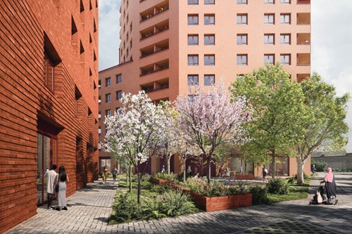 Computer generated view of a development of an apartment block with red bricks