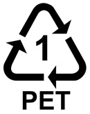 An image of the PET recycling symbol - a recycling triangle, with the number 1 inside it.