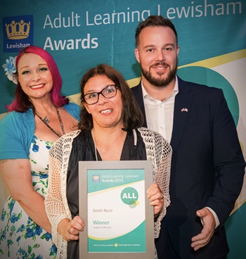 (Left to right) Sidra Hill-Reid, Head of Community Education & Cultural Assets, Sarah Nuza, Cllr James-J Walsh, Cabinet Member for Culture, Leisure and Communication