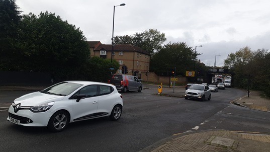 Yellow box junction on Southend Lane with Worsley Bridge Road