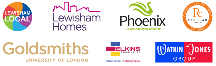 All the sponsors logos for the Mayor of Lewisham Community Awards 2023 - Lewisham Local; Lewisham Homes; Phoenix Community Housing; Regular Cleaning; Goldsmith' s, University of London; Elkins Construction; Watkin Jones Group 