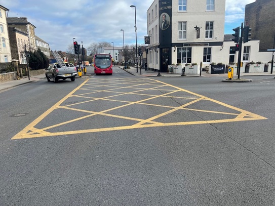 Yellow box junction at Sydenham road with Kent House road 