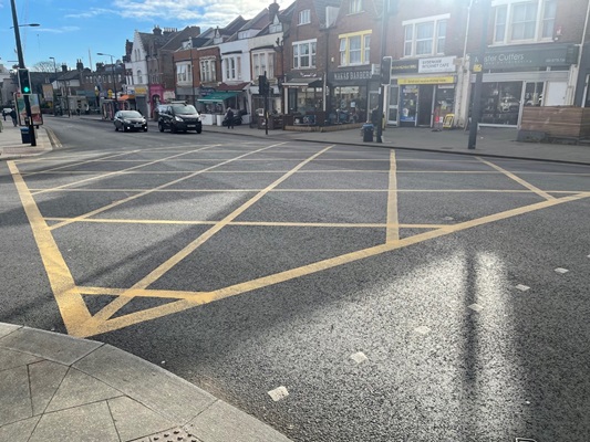 Yellow box junction at Sydenham road junction with Mayow road 