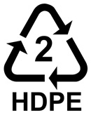 An image of the HDPE recycling symbol - a recycling triangle, with the number 2 inside it.