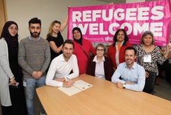 Mayor Damien Egan and Cllr Kevin Bonavia with representatives from Lewisham’s refugee community and voluntary sector sign a letter to government calling for the extension of the UK refugee resettlement scheme, October 2018.