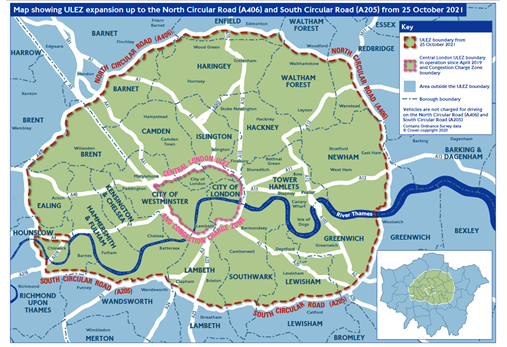 Map showing the ULEZ expansion up to the North Circular road (A406) and South Circular road (A205) from 25 October 2021.