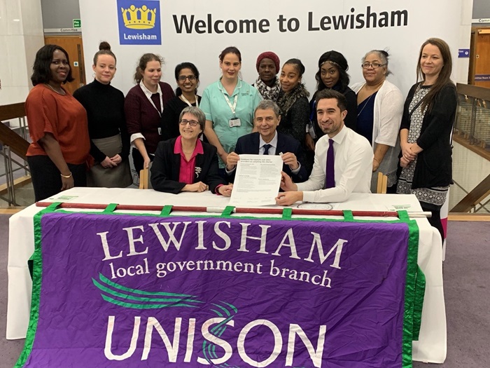 Mayor Damien Egan and Cllr Chris Best, Deputy Mayor and Cabinet Member for Health and Adult Social Care, signing the UNISON Ethical Care Charter with Dave Prentis, previous General Secretary of UNISON, in 2018.