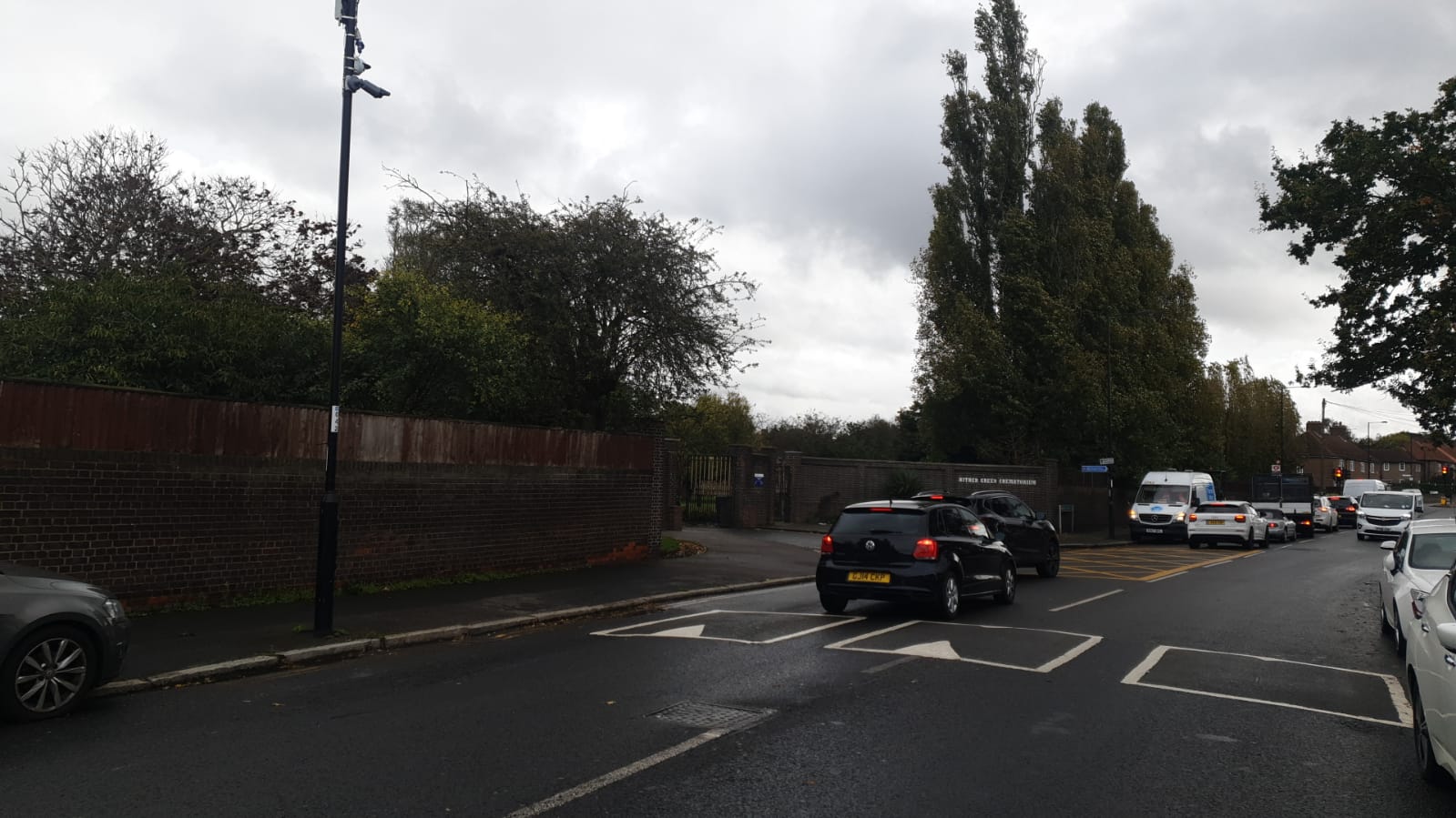 Yellow box junction on Verdant Lane - entrance to Hither Green Crematorium