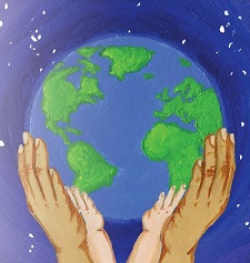 Young hands and older hands holding a globe, illustrating the concept of religious education at the early years foundation stage